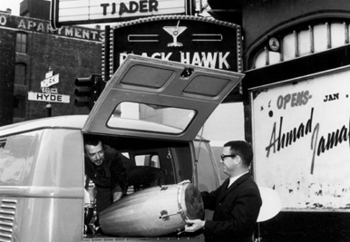 Black Hawk was one of the famous clubs where Miles recorded two live LPs/CDs.  Legendary vibraphonist Cal Tjader and his drummer/percussionist John Rae are unloading the van.